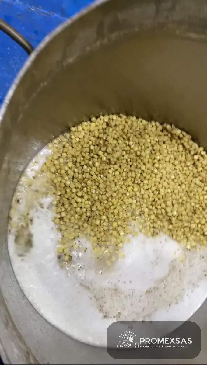 Olla de cocimiento con maíz, agua y cal en la fábrica de tortillas PROMEXSAS